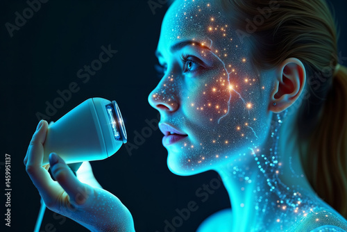 Futuristic skincare treatment. Woman using a glowing blue light therapy device on her face with particle effects for skin rejuvenation.