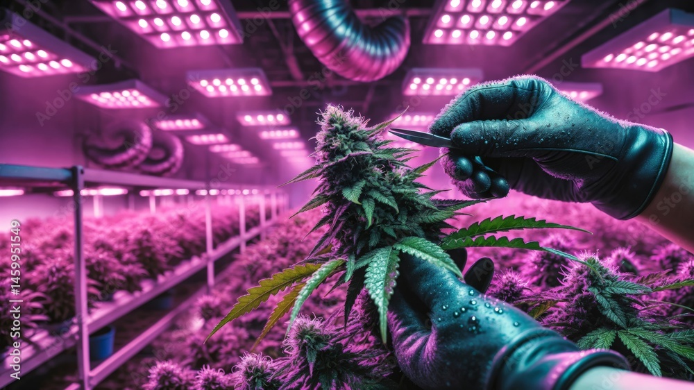 Cultivating Cannabis Indoors. Person trimming cannabis plants in an indoor grow facility with specialized lighting.