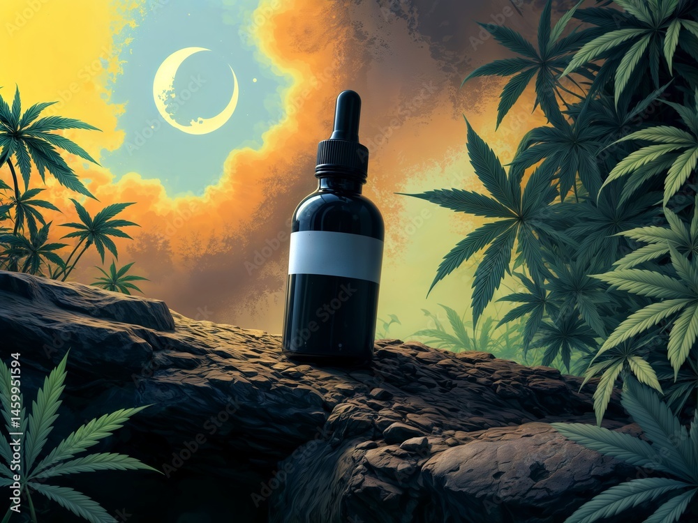 CBD oil at sunset. Medicinal cannabis tincture bottle against rocky landscape with crescent moon and cannabis leaves in artistic sunset lighting.