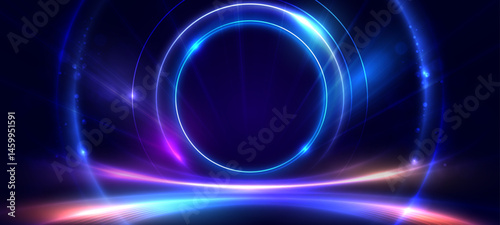 Abstract motion light lines on background. Circle light effect with sparks. Shiny light spark effect scene.