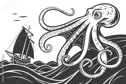 29 octopus illustration, detailed tentacles, curling spiral arms, black and white, high contrast, intricate texture, suction cups, realistic eye, vintage engraving style, marine life, cephalopod, arti