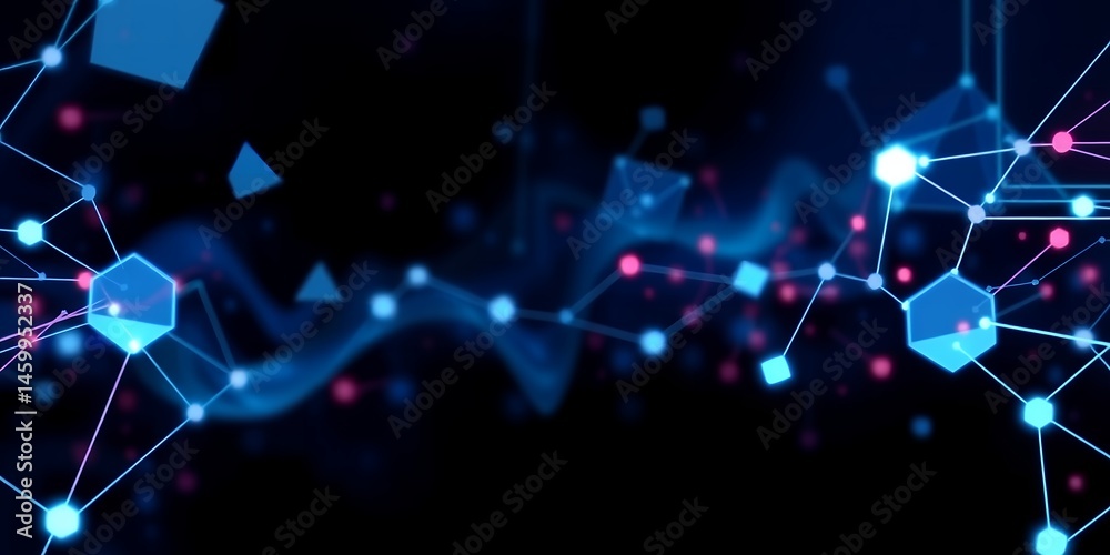 Obraz premium Abstract network with blue hexagons, triangles, squares, and lines on a dark background