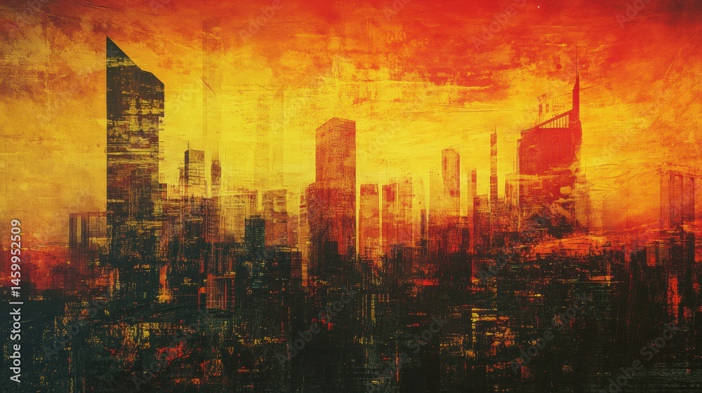 Fototapeta premium A stylized, city skyline scene with textured effects.