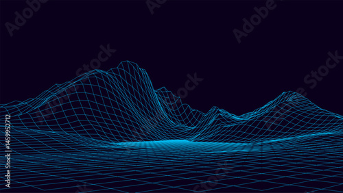 Abstract digital polygonal wireframe landscape. Blue mesh illustration on dark background. Digital polygonal wireframe landscape.