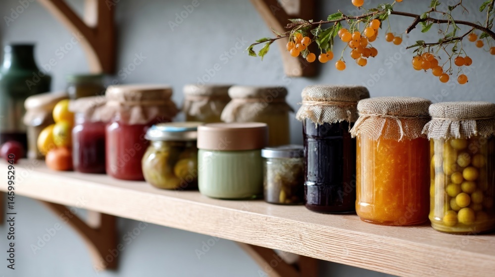 A charming display of homemade jars filled with jam and pickles lined up on a kitchen shelf showcasing the joy of preserving seasonal flavors.