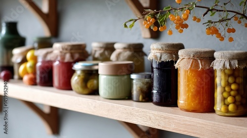 Obraz na płótnie A charming display of homemade jars filled with jam and pickles lined up on a kitchen shelf showcasing the joy of preserving seasonal flavors. w salonie