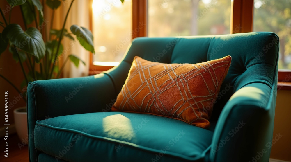 Fototapeta premium A teal armchair with an orange diamond-patterned pillow sits in front of a window. Warm sunlight streams through the panes, casting a glow on the scene.