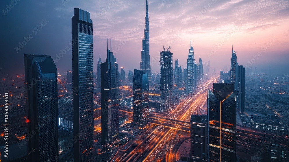 Obraz premium Aerial view of a modern city at twilight.
