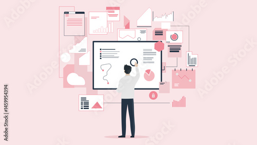 Businessman interacting with digital infographics and data charts. Concept of data analysis, statistics, report visualization, and project management on a pink modern background.