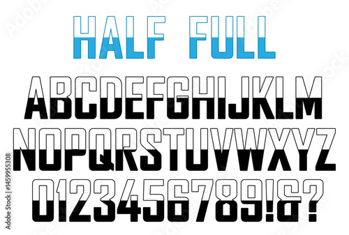 Bold alphabet and numbers, half filled with color. Large capital letters font. Vector illustration.