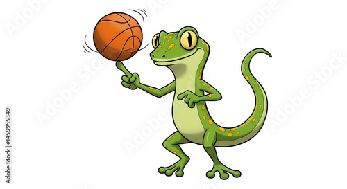 Cartoon gecko balancing basketball isolated on white background