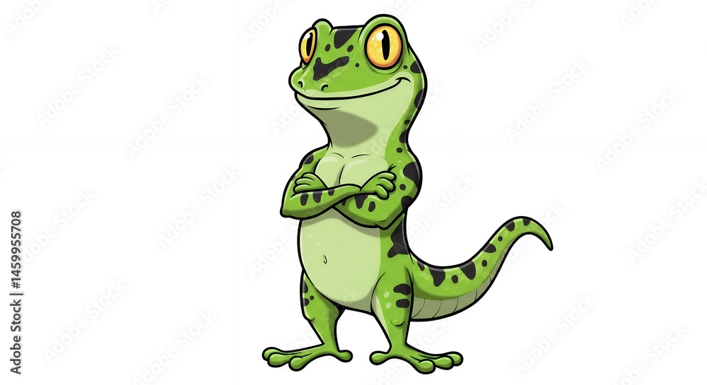 Fototapeta premium Cartoon gecko character with crossed arms