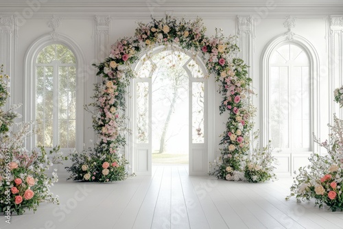 Elegant floral archway in bright white sunlit room with large windows