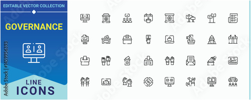 Governance icon set. Pictograms of politics, political, government, people and more. Democracy vector line icon set. Minimal linear icons. Vector illustration. Pixel perfect.