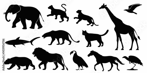 Animal silhouettes vector set, wildlife animals, mammal, bird, fish, graphic design, vector illustration
