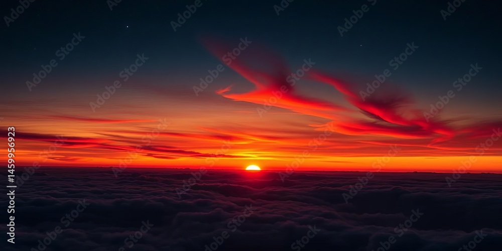 Obraz premium Vibrant sunset panorama, orange sun, red clouds, starry night sky, horizon, vibrant