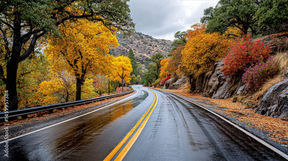 Fototapeta premium A wet road with yellow and red trees on the sides of it