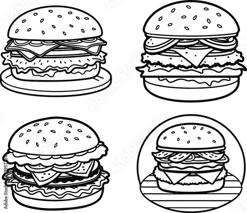 Four Line Art Hamburgers on Wooden Boards Collection