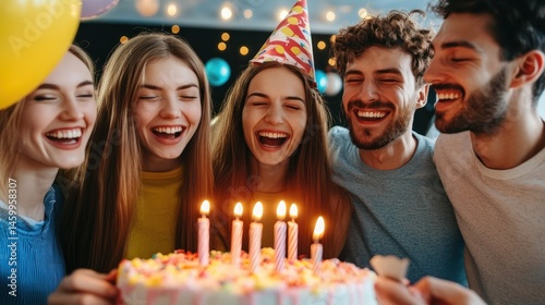 A group of friends celebrating a birthday, joyful and affectionate moment --ar 16:9 --v 6.1 Job ID: 7bd2baaa-3d54-4083-a049-5f7044d6d427