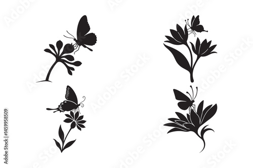 Butterfly on Flower Silhouette Vector Floral Insect Art Design