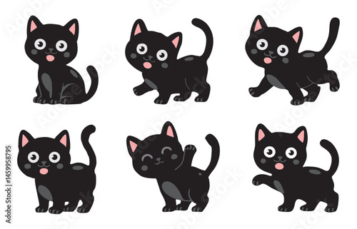 Set of black and white cat images with different poses and expressions. The mood of the images is playful and lighthearted. Flat vector illustrations isolated on transparent background