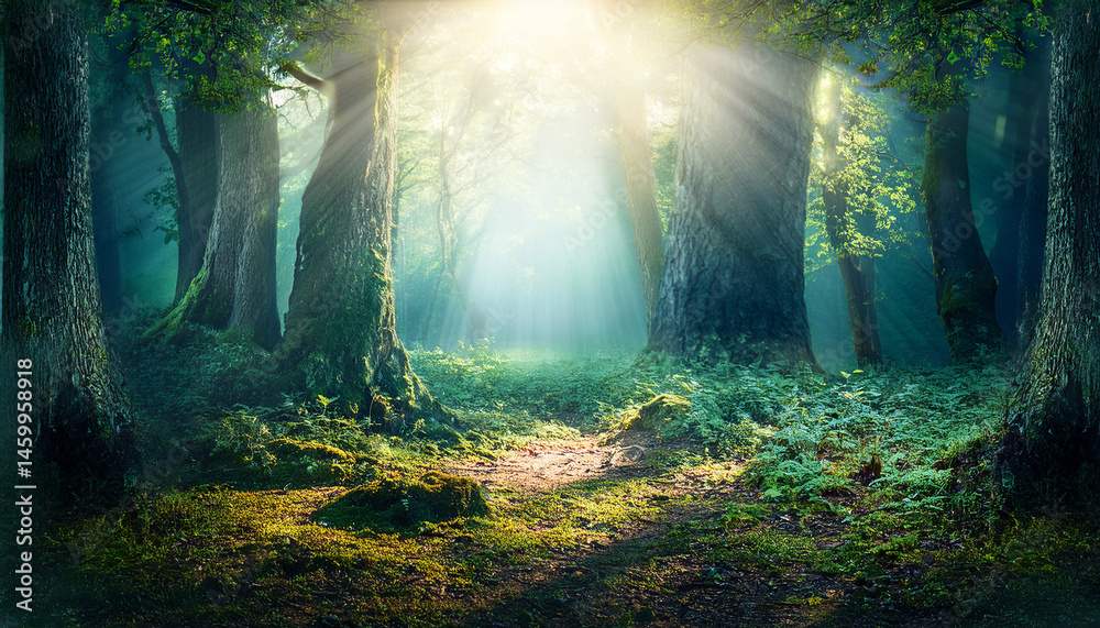 Obraz premium magical forest illustration with luminous light in a mystical atmosphere