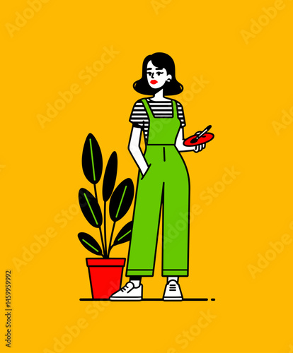 Artistic Identity: A fashionable person stands in front of an indoor plant, dressed in trendy attire, brush and palette. Perfectly conveying her dedication to painting and her individuality.