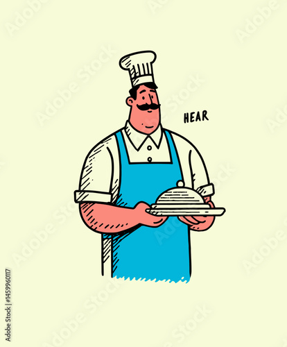 Culinary Maestro: A vintage-style illustration depicts a jovial chef in a crisp uniform, holding a covered dish, ready to serve up culinary delights with expertise.