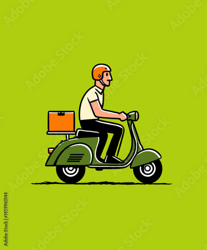 Speedy Courier: A dynamic illustration portrays a swift delivery person on a retro scooter, symbolizing efficient transport of packages on a vibrant green backdrop.