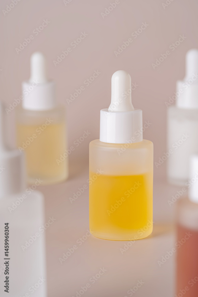 Dropper bottles with liquids on neutral background Dropper bottles with liquids on neutral background