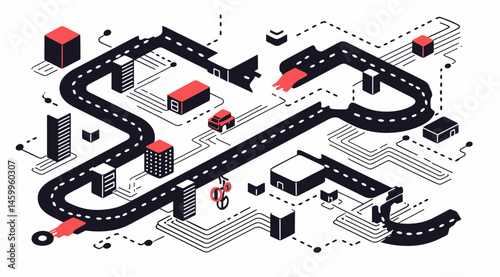 Urban Navigation: Isometric illustration of city with road network, showcasing transport and technology and the fusion of infrastructure and intelligent systems. 