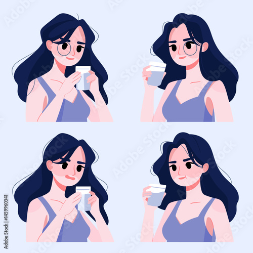 Daily Skincare Routine Illustration: A captivating illustration showcases a woman's skincare ritual, emphasizing self-care, healthy habits, and youthful radiance. 
