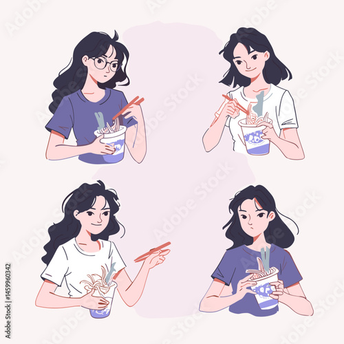 A Culinary Quartet: An illustrated ensemble showcases the simple joy of a solo meal, each figure offering a glimpse into personal reflection and connection.