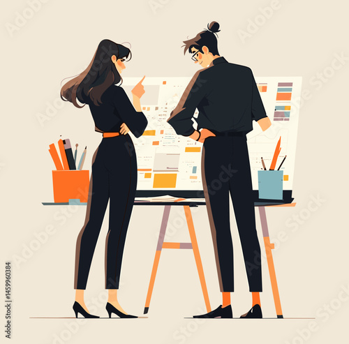 Teamwork Discussion: A dynamic depiction of collaboration, two professionals, engaged in a project, as they review a visual presentation, exuding creativity.