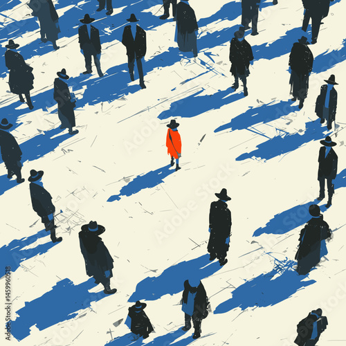 Individuality amid the Crowd: A lone figure, clad in striking crimson, stands apart within a sea of subdued individuals. The artwork explores themes of uniqueness and courage.