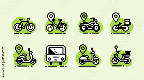 Transportation Icons: A series of vector-style icons showcasing various transportation modes, with a focus on navigation and travel. These icons are ideal for conveying concepts like commuting.
