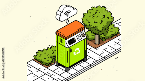 Smart Waste Management: A modern, eco-friendly recycling bin equipped with smart technology, represented via an illustration, set amidst lush greenery and a clear Wi-Fi cloud symbol.