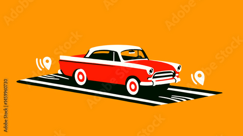 Retro Ride: A stylized illustration of a classic red car with a white top cruising along a geometric road, highlighted with location indicators against a warm orange backdrop.