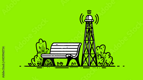 Park Bench and Communication Tower: A stylized park bench and a modern communication tower are depicted in a minimalistic illustration, highlighting connectivity and public space design.