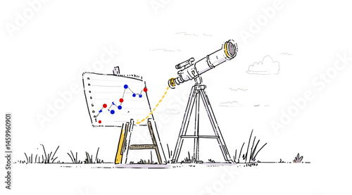 Observing the Business Outlook: A telescope gazing at a chart depicting business trends, symbolizing strategic planning and forward-thinking business vision in a unique illustration.