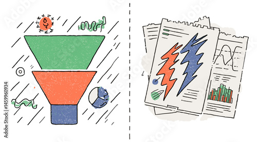 Data Analysis and Funnel Illustration: A vibrant illustration portrays the essence of data analysis, featuring a funnel design alongside insightful charts, graphs.