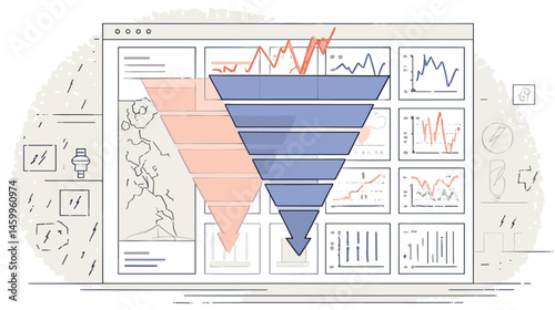 Sales Funnel Visualization: A modern, minimalist illustration depicting a sales funnel, showcasing the process of converting leads into customers.