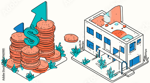 Financial Investment and Real Estate Growth: An artistic illustration of financial growth, money, assets and property symbolizing investment strategies and real estate market development.