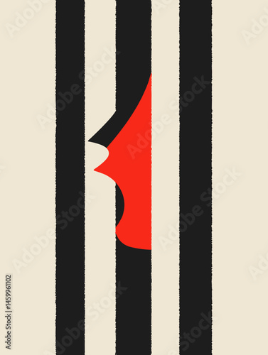 Symbolic Imprisonment: An abstract representation of a single red form, partially obscured behind stark vertical bars, suggesting confinement, restriction, and the struggle for freedom.