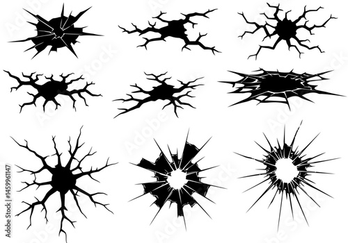 Isolated black broken glass cracks vector set for damage effect and destruction illustration design
