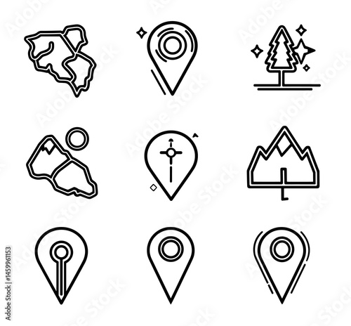 Navigation and Location Icons: A set of sleek, modern icons representing various destinations and points of interest for all your travel and mapping needs. 