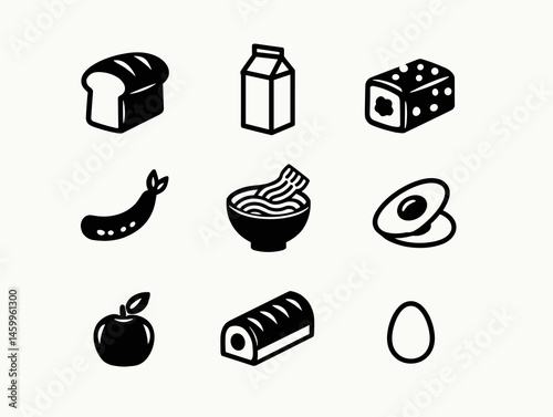 Food Icon Collection: A concise, illustrative collection of essential food items, meticulously crafted with graphic precision and visual appeal.