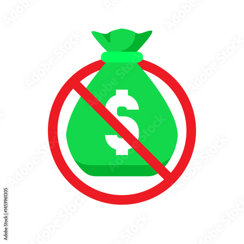 flat illustration of a money bag with a crossed out dollar symbol. no commission fee or zero cost. for financial apps, payment platforms, e commerce, and pricing policy visuals