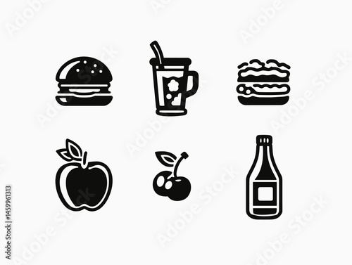 Snack Menu Icon Set: A collection of monochromatic food icons that embodies the concept of delicious, simple, and universal design. Ideal for menu designs and user interface elements.
