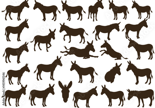 Donkey silhouette pattern background, farm animal silhouettes, donkey illustration, equine art, mule drawing
